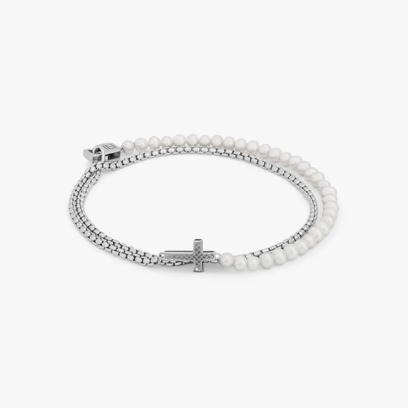 Ipanema Bracelet In Rhodium Plated Silver In White Freshwater Pearl sold by Tateossian