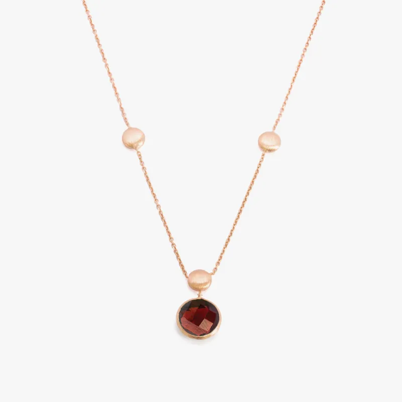 14K satin rose gold Kensington single stone necklace with garnet sold by Tateossian