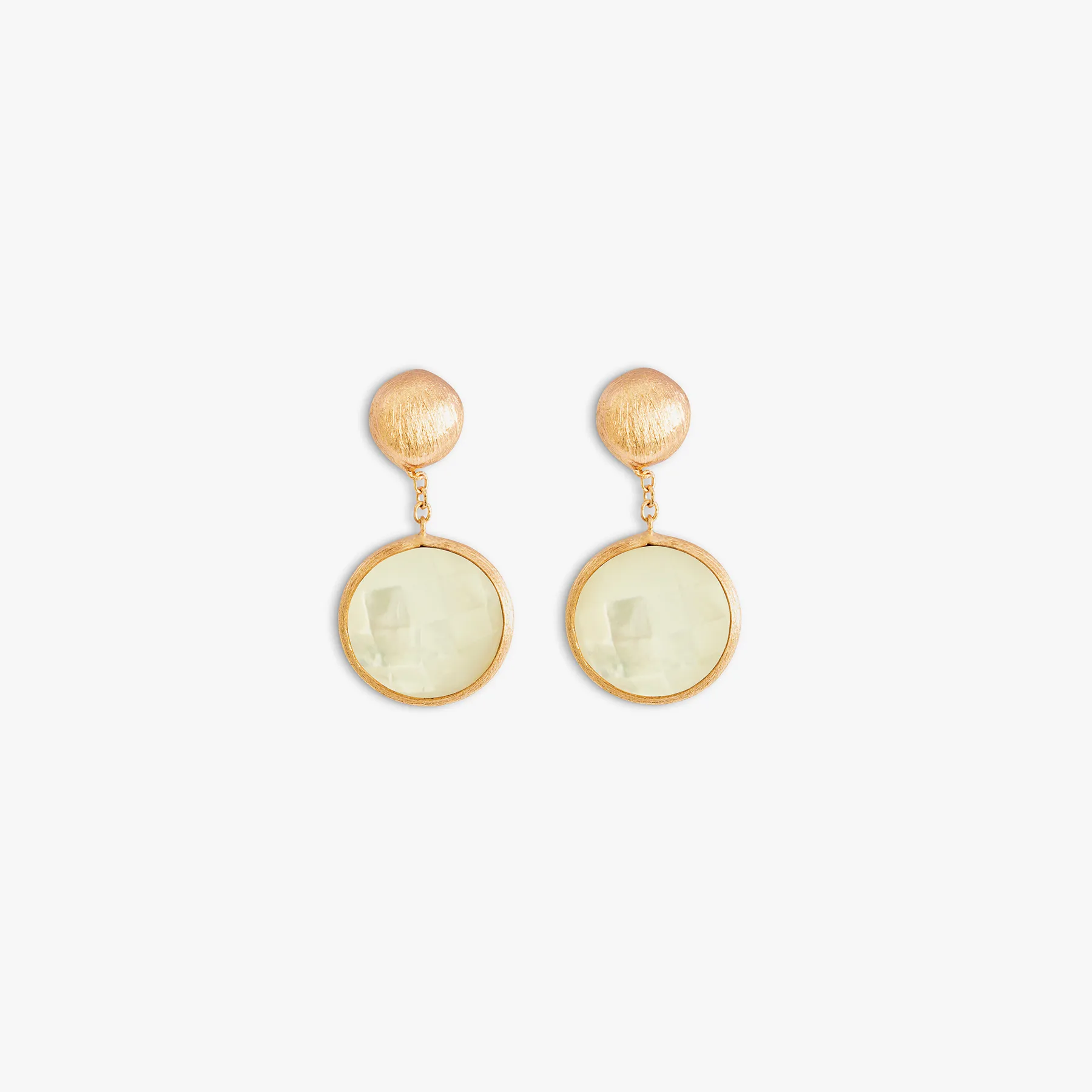 14K satin rose gold Kensington drop earrings with white mother of pearl sold by Tateossian