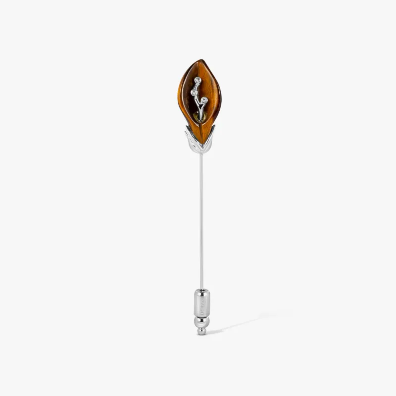 Calas Flower Pin in Palladium Plated with Tiger Eye sold by Tateossian