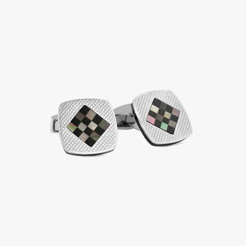 Chequer Cufflinks In Rhodium Plated Silver with Black MOP & Onyx sold by Tateossian