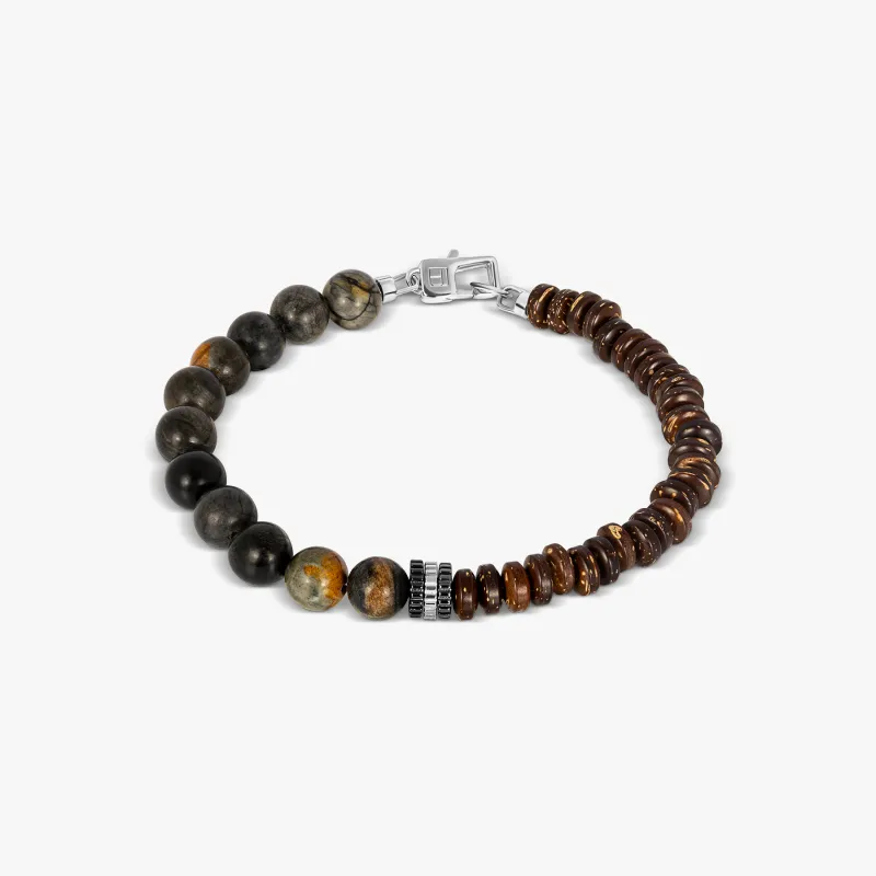 Nepal Gear Trio Beaded Bracelet in Rhodium Silver with Picasso Jasper sold by Tateossian