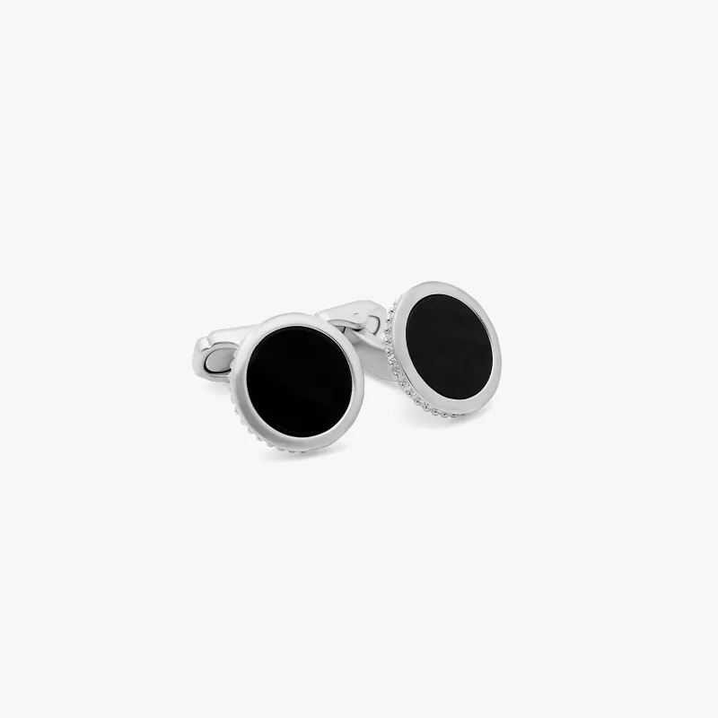 THOMPSON Satin Round cufflinks in black sold by Tateossian