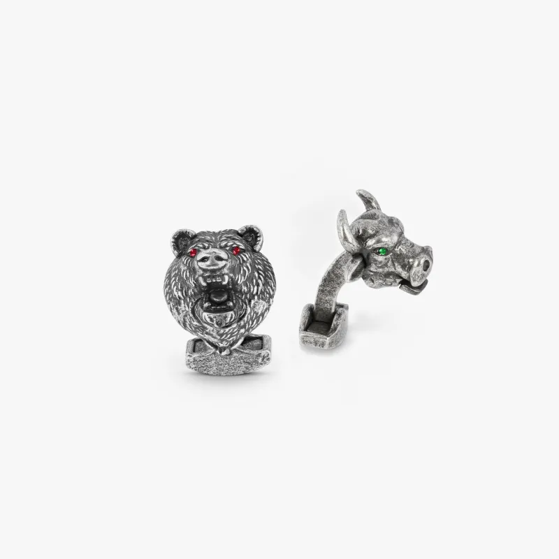 Bear And Bull Mechanical Cufflinks With Swarovski Elements In Oxidised Silver sold by Tateossian