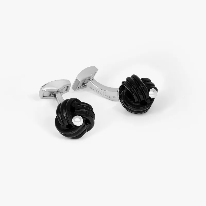 Sterling silver Knot cufflinks with onyx sold by Tateossian