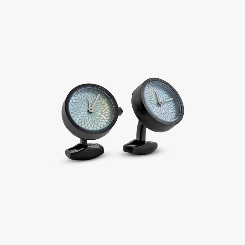Guilloche Gear Cufflinks In Black IP Plated Stainless Steel with Black MOP made by Tateossian