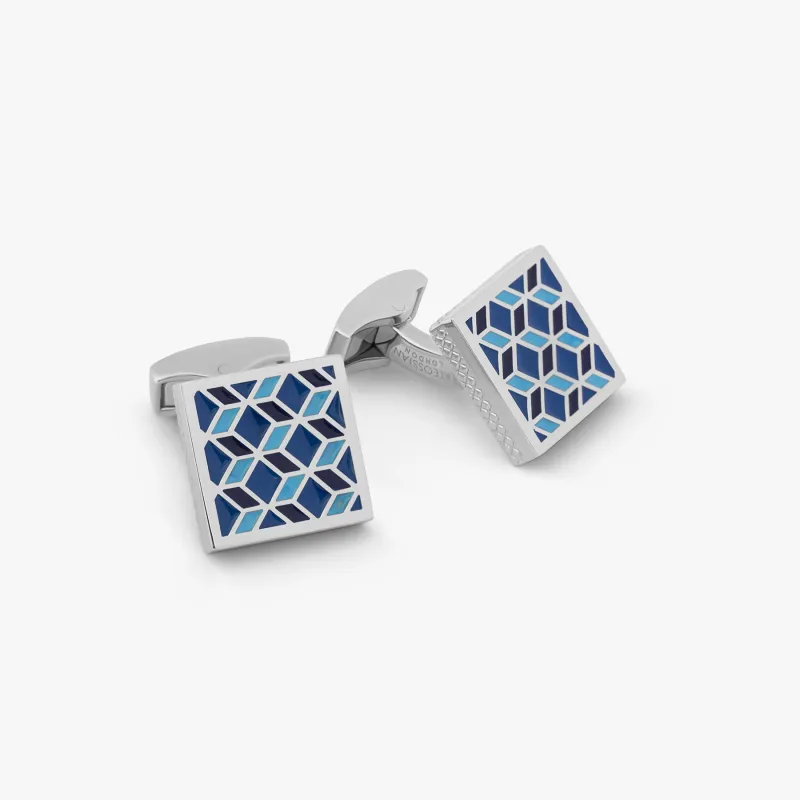Geometric Cufflinks In Palladium plated with blue enamel sold by Tateossian