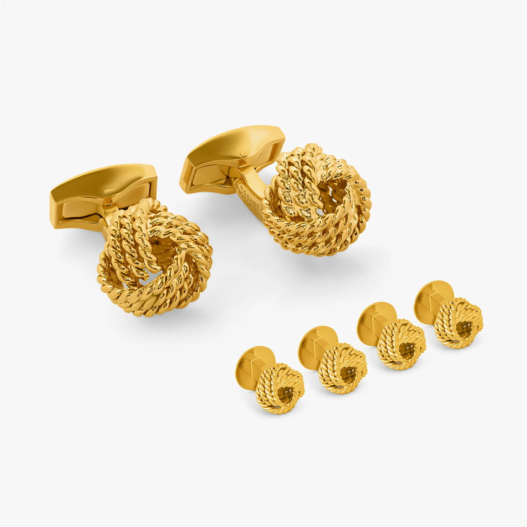 Yellow gold plated Ribbed Knot cufflinks and studs set sold by Tateossian