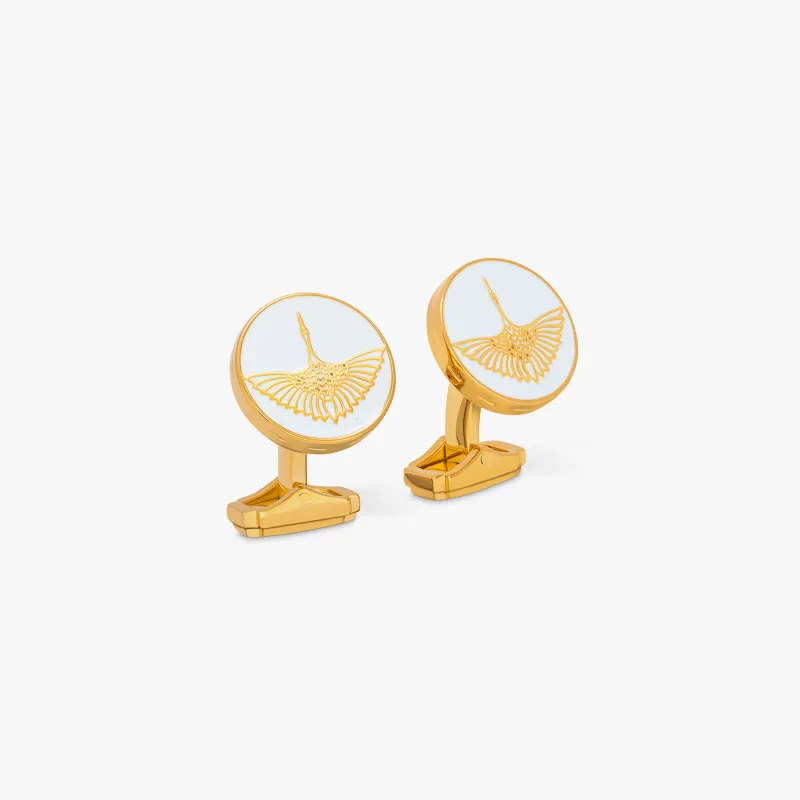 Thompson Yellow Gold Plated Tancho Crane Cufflinks made by Tateossian