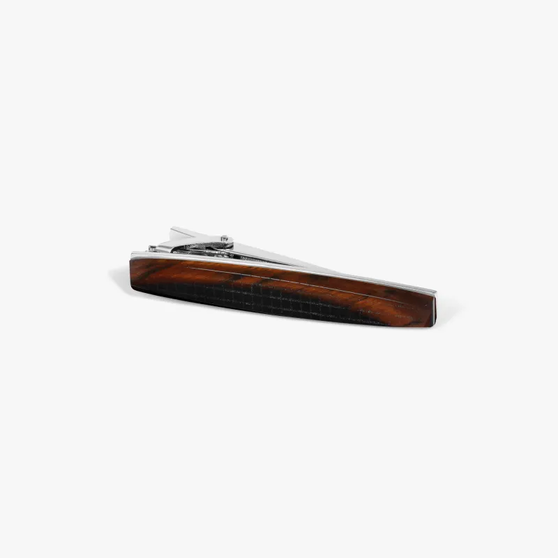 THOMPSON Woven Tonneau Tie Clip in White Bronze Plated with Brown Tiger Eye sold by Tateossian