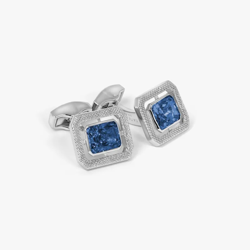 Halo rectangle Blue Cubic Zirconia Cufflinks In Rhodium Plated sold by Tateossian