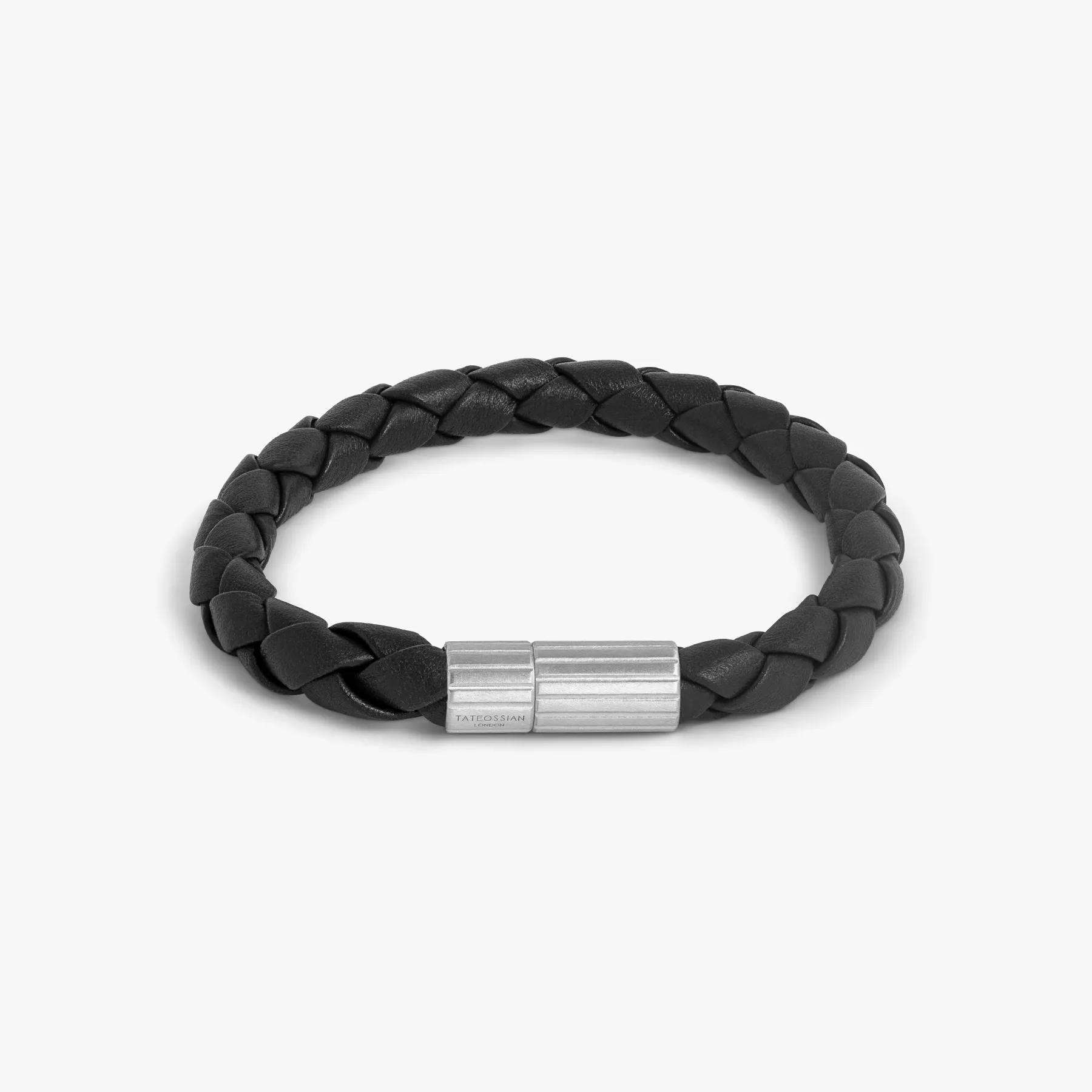 Maxi Pop Pelle Black Leather Bracelet in Rhodium Silver sold by Tateossian