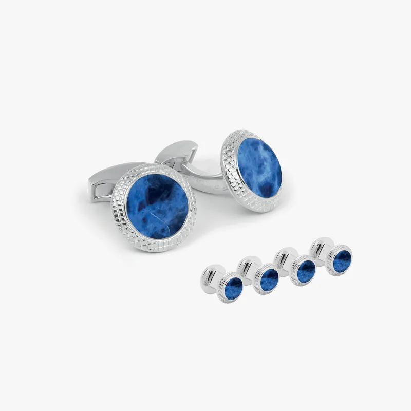 Bullseye Cufflink and Shirt Studs in Palladium Plated with Sodalite sold by Tateossian