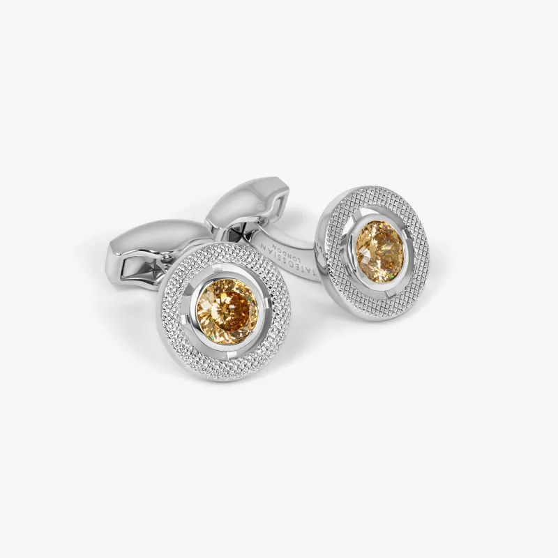 Halo Round CZ Cufflinks With Champagne & Rhodium Plated made by Tateossian