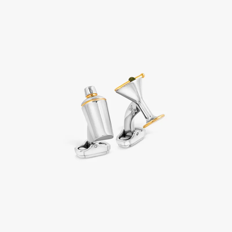 THOMPSON Martini Glass And Shaker Cufflinks In Palladium plated Base Metal With Green Enamel sold by Tateossian