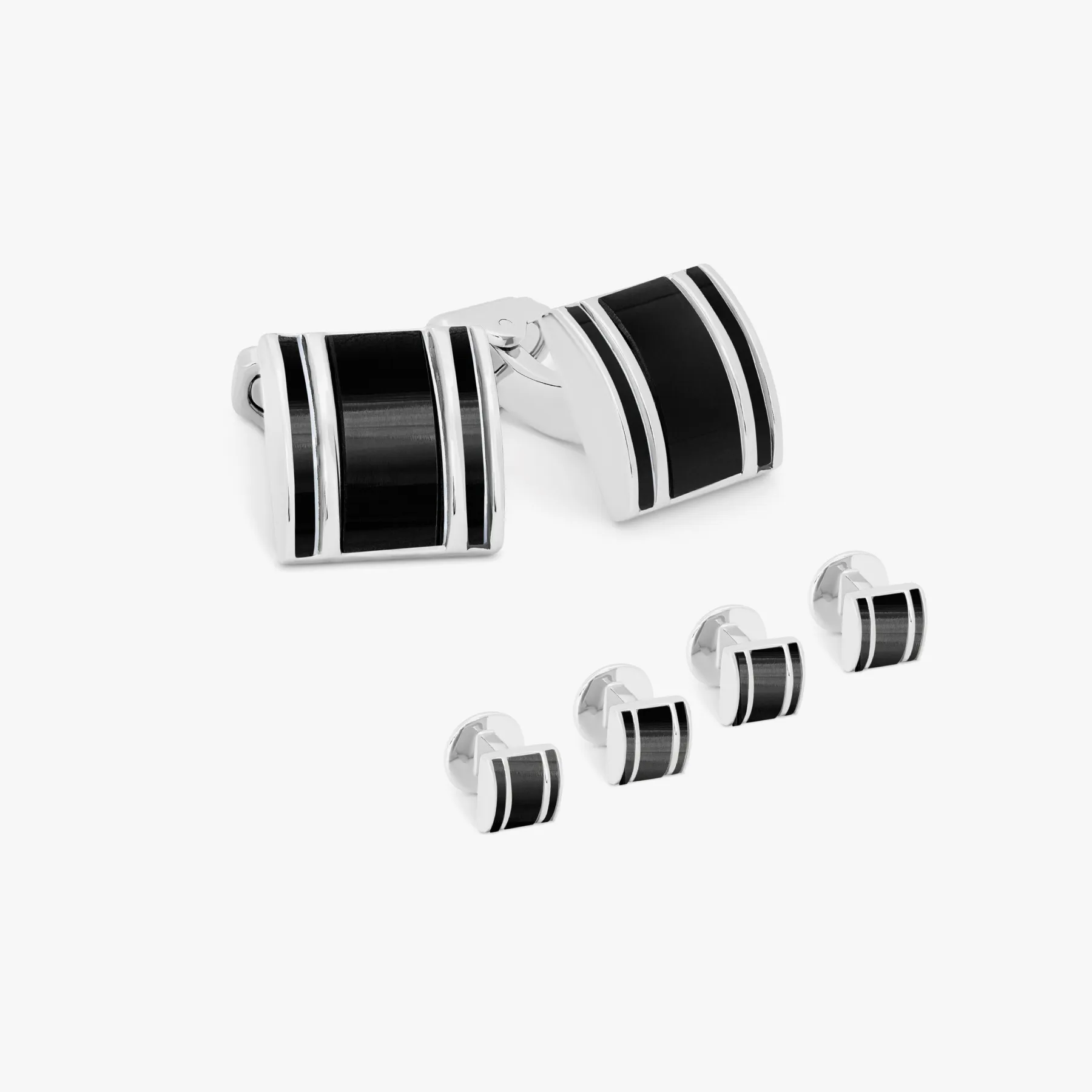 THOMPSON D-Shape Semi-Precious Cufflink Stud Set In White Bronze plated Base Metal With Onyx sold by Tateossian