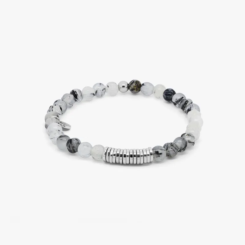 Classic Discs Beaded Bracelet  In Rhodium Plated Silver With Black Rutilated Quartz sold by Tateossian