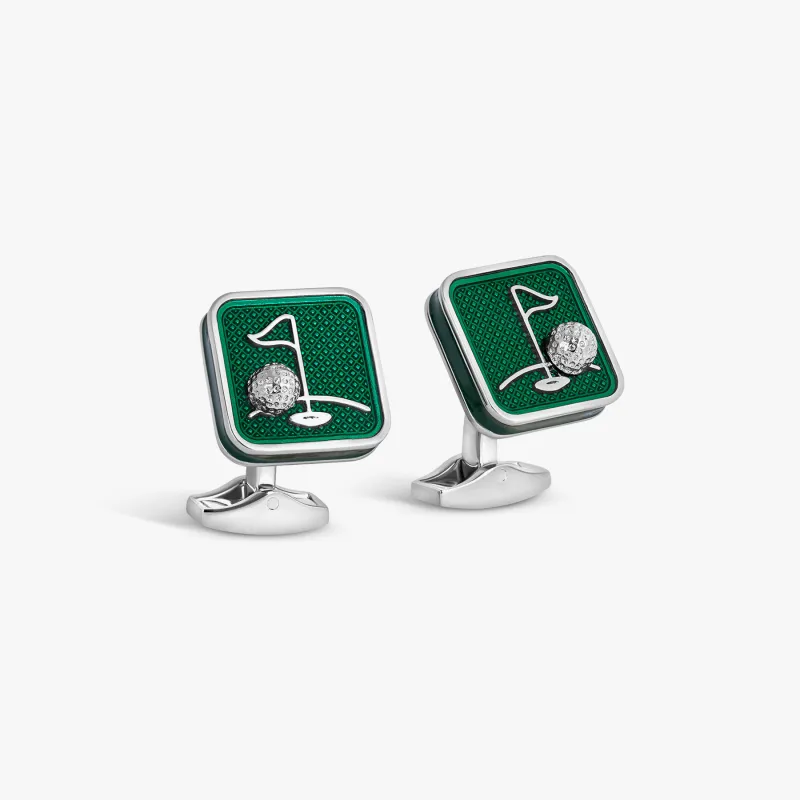 Sports Ice Golf Cufflinks in Palladium Plated with Green Enamel sold by Tateossian