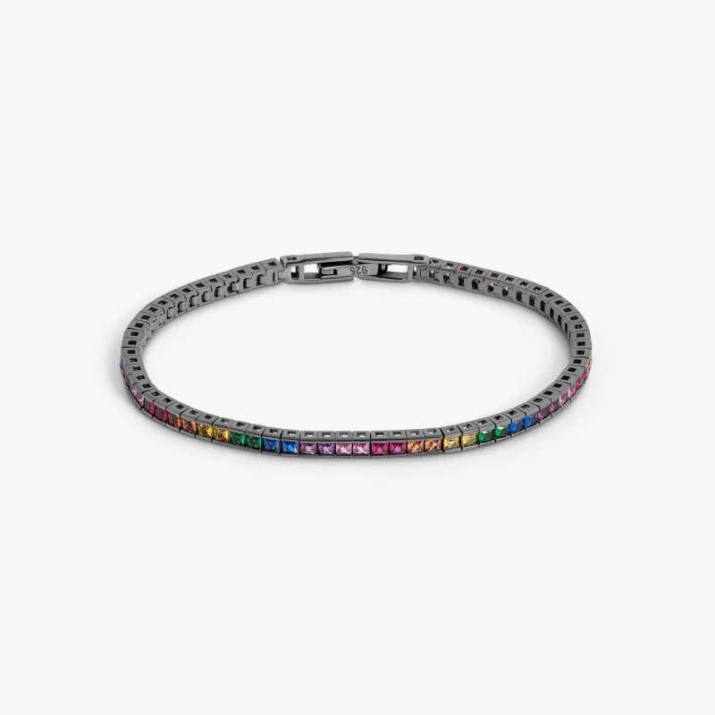 Quadro Tennis Semi-Precious Bracelet In Black Rhodium Plated Sterling Silver With Multicolour Nano sold by Tateossian