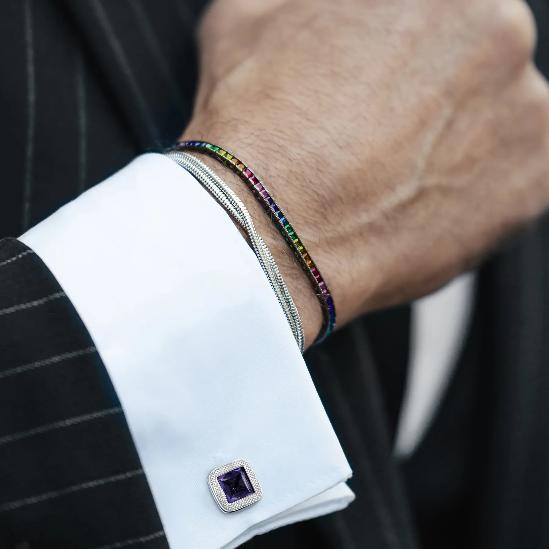 Quadro Tennis Semi-Precious Bracelet In Black Rhodium Plated Sterling Silver With Multicolour Nano sold by Tateossian product image thumbnail 5