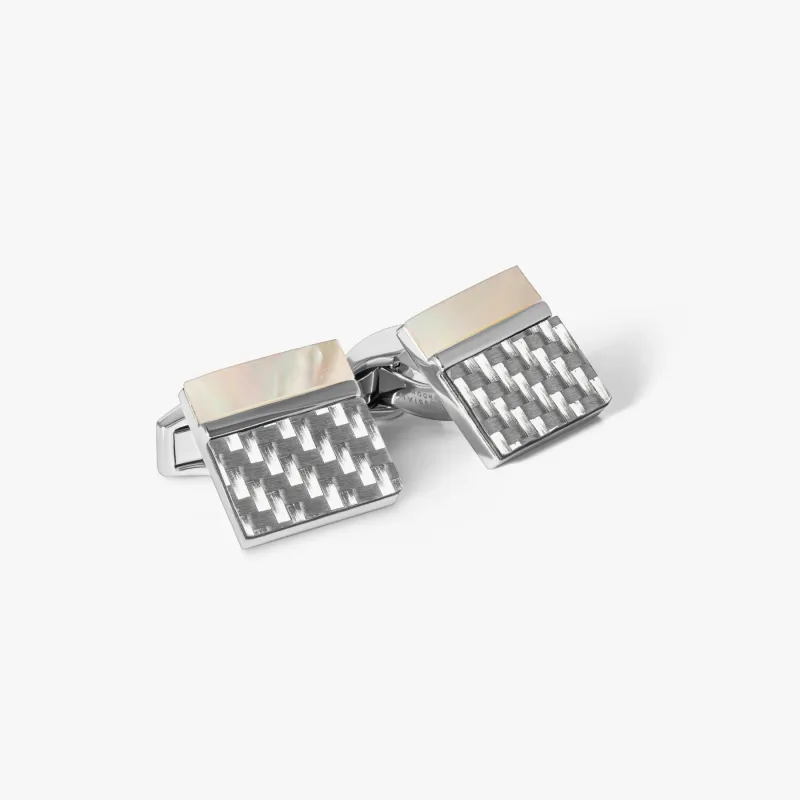 Carbon Mosiac Cufflink in White MOP sold by Tateossian
