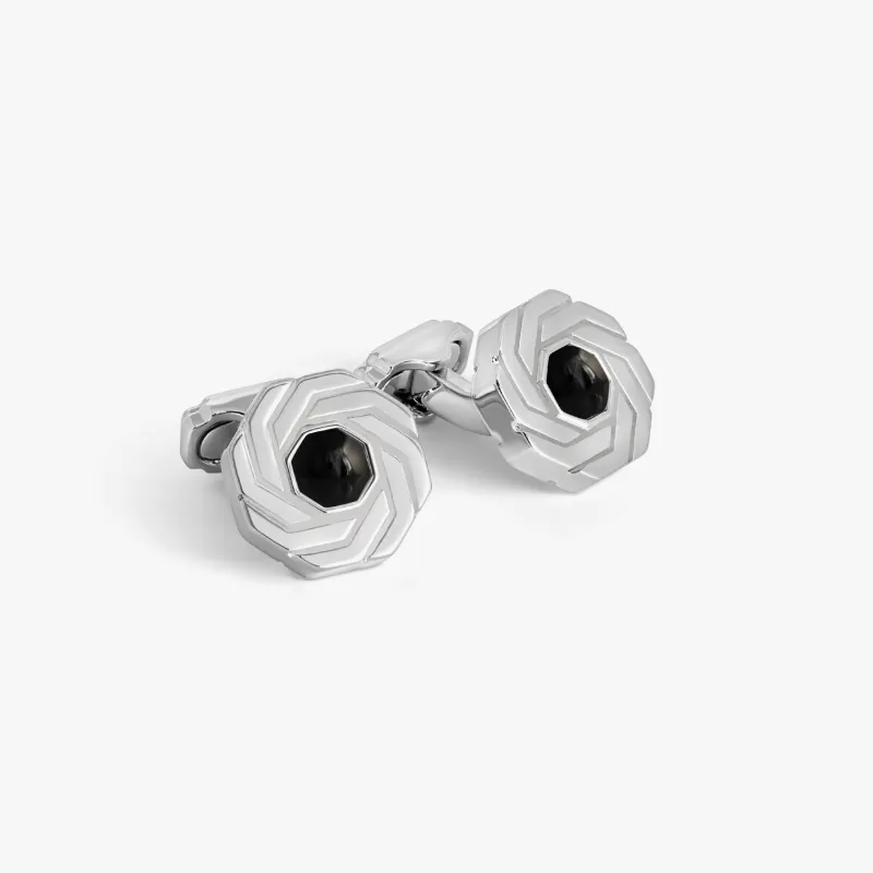 Thompson Octagon Insignia Cufflink in Palladium Plated with White MOP sold by Tateossian