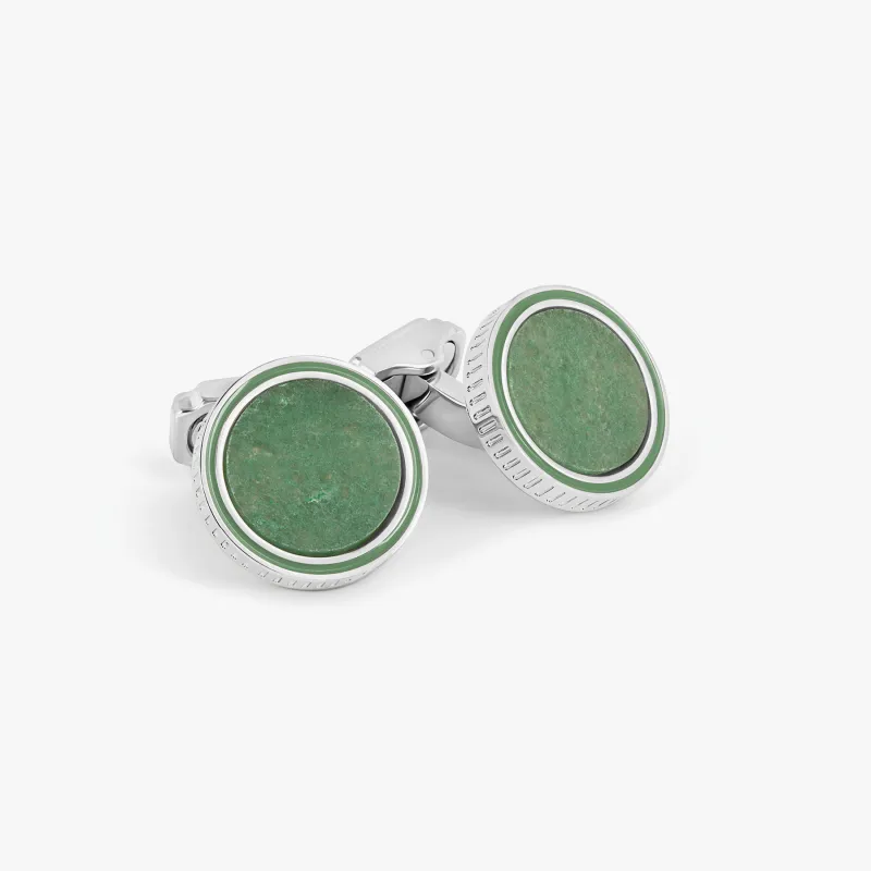 Thompson Tambor Cufflinks in White Bronze Plated with Green Aventurine made by Tateossian