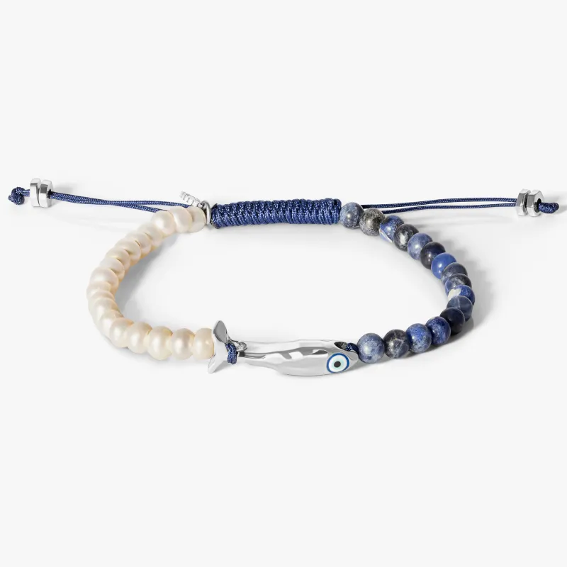 Feng Shui Fish Macrame Bracelet with Fresh Water Pearl & Sodalite made by Tateossian