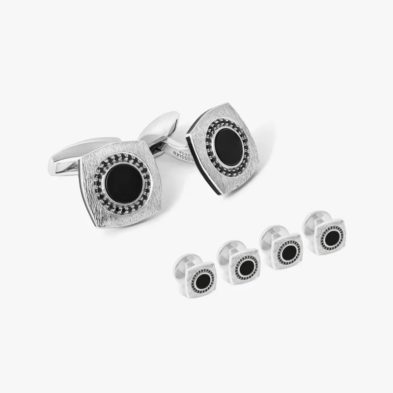 Round Grafiatto Square Cufflinks & Shirt Studs In Sterling Silver With Onyx made by Tateossian