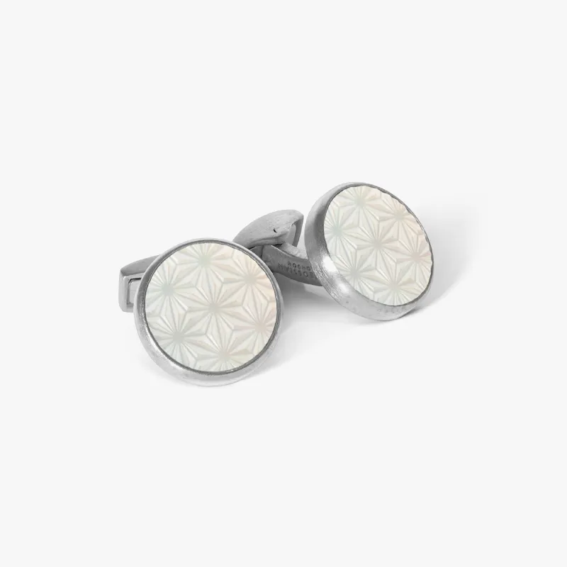 Asanoha Semi -Precious Cufflink in White MOP & Palladium Plated made by Tateossian