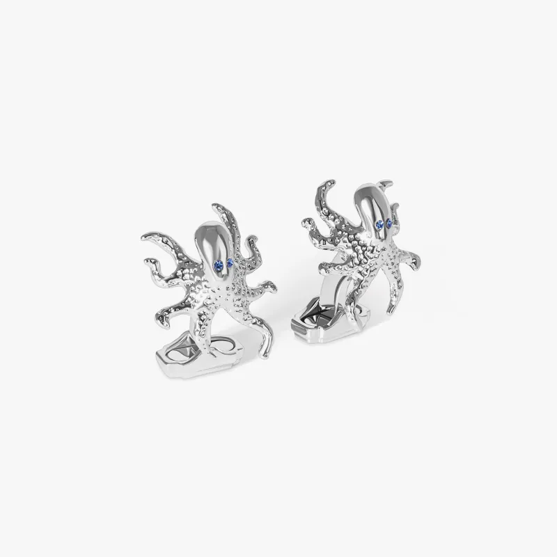Thompson Octopus Cufflinks In Palladium plated Base Metal With Blue Swarovski Crystal sold by Tateossian