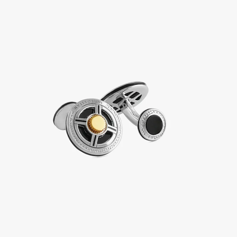 Precious UFO Sterling Silver Cufflinks in Yellow Gold & Onyx sold by Tateossian
