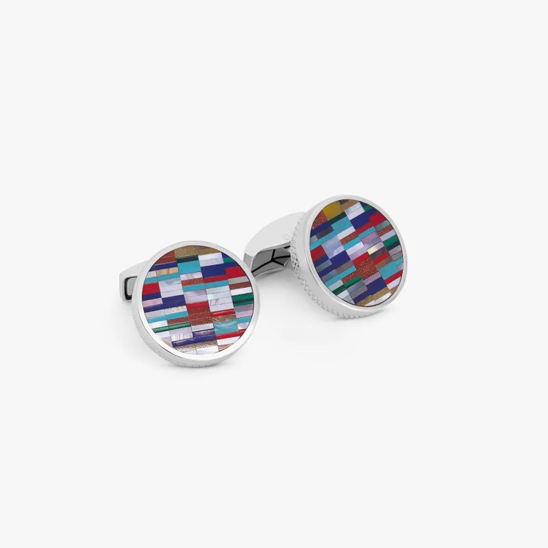 Bamboo Round Cufflinks in Multicolour Stones and Sterling Silver made by Tateossian