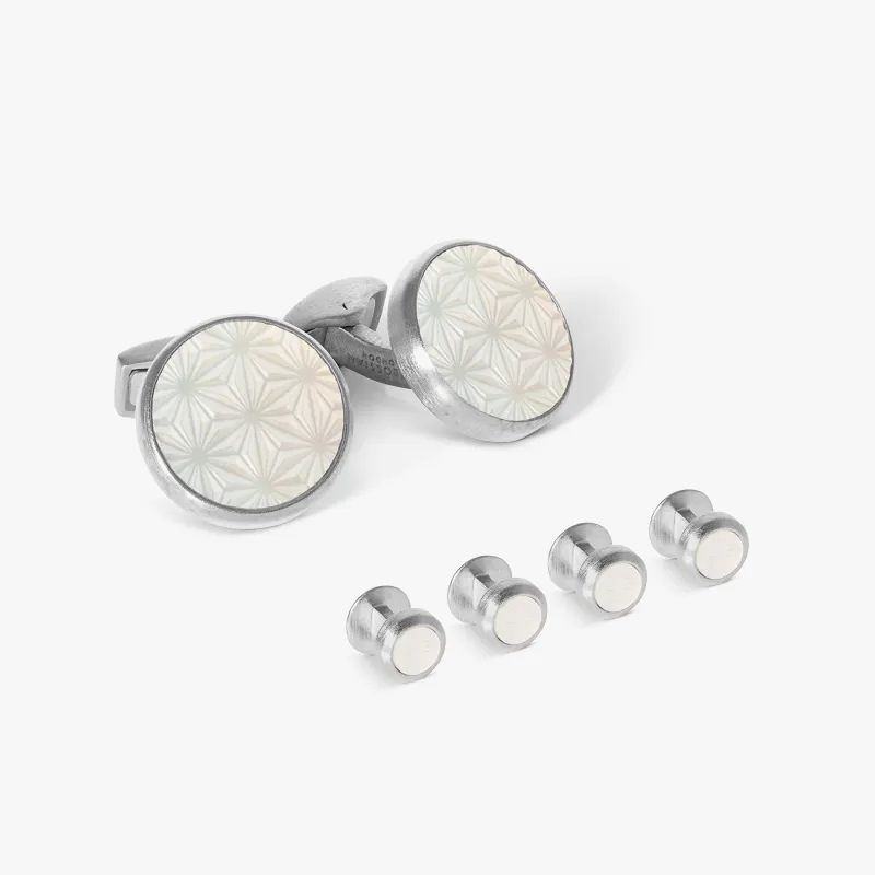 Asanoha Semi -Precious Cufflinks & Shirt Studs in White MOP & Palladium Plated sold by Tateossian