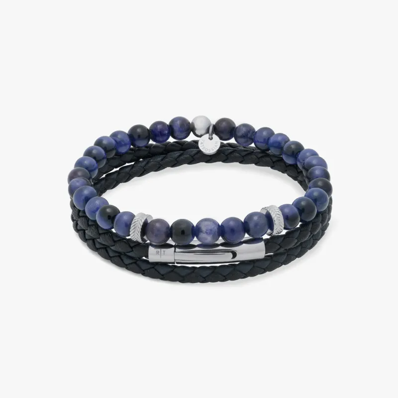 Stacked Multi-Layer Mixed BraceletÂ In Sodalite and Navy leather sold by Tateossian