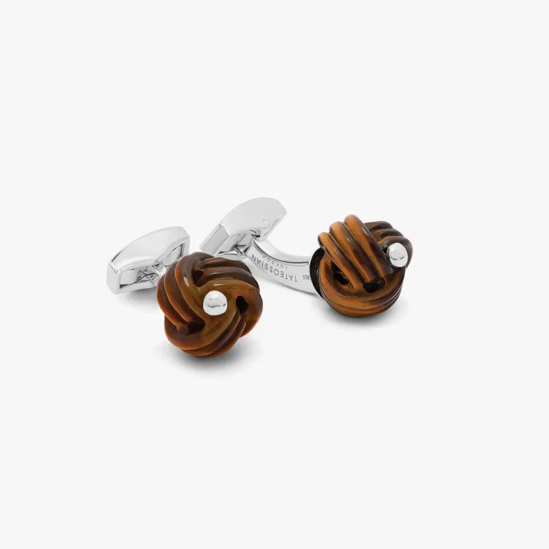 Sterling silver Knot cufflinks with tiger eye sold by Tateossian