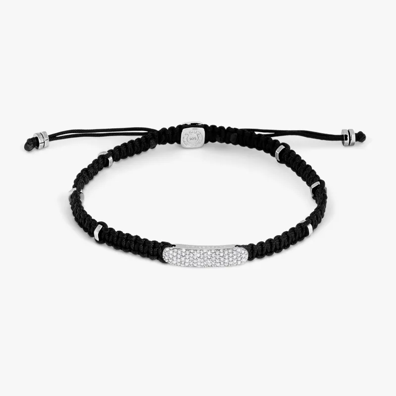 Diamond Baton bracelet in black macrame and sterling silver made by Tateossian