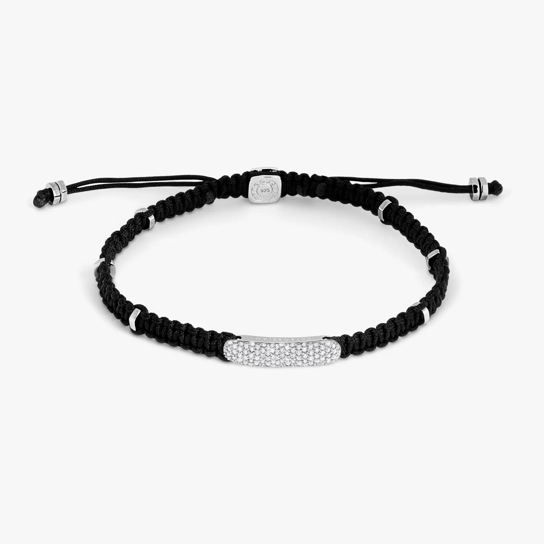 Diamond Baton bracelet in black macrame and sterling silver sold by Tateossian