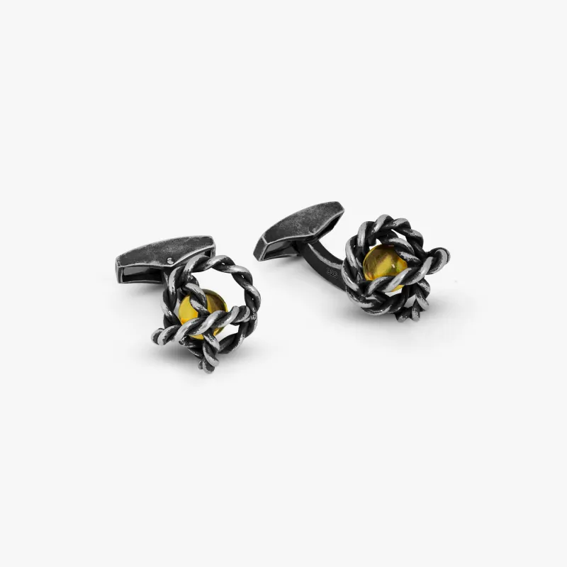 Gyroscope Glass cufflinks in antique silver and yellow glass made by Tateossian
