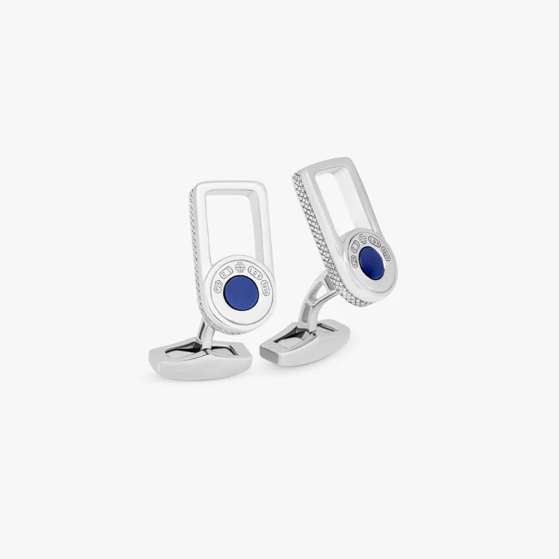 Signature Lock cufflinks with blue lapis in rhodium plated silver made by Tateossian