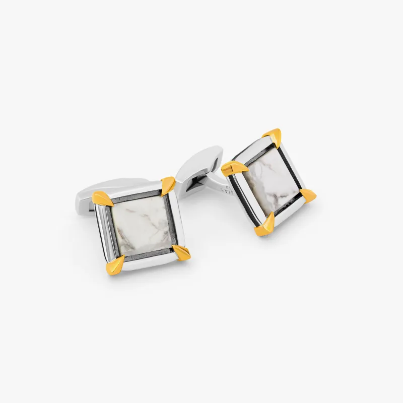 Rhodium plated sterling silver Gold Claw cufflinks with howlite made by Tateossian