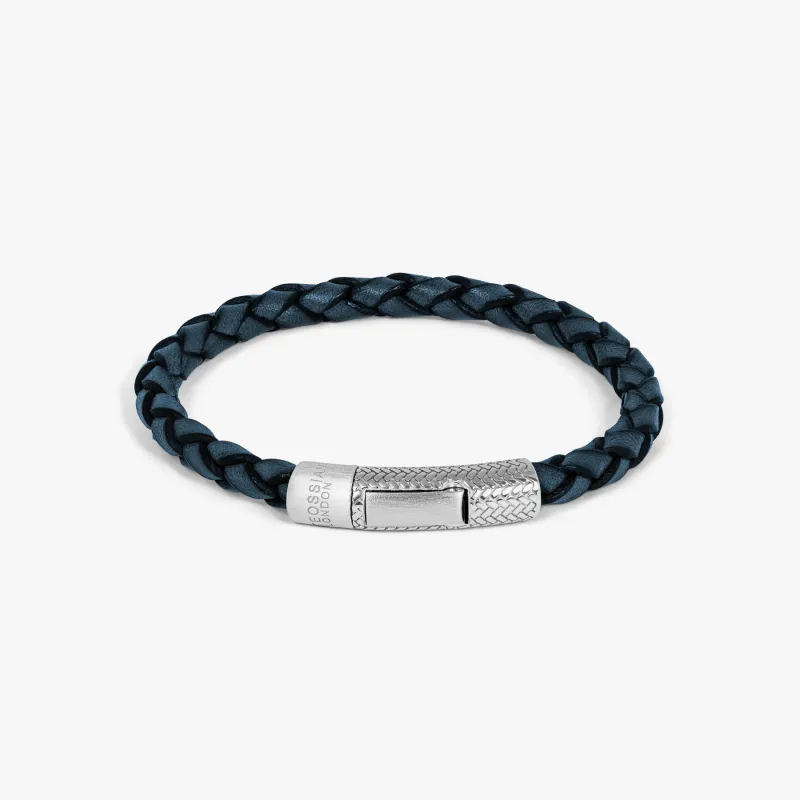Herringbone Click Pelle Bracelet In Rhodium & Blue Leather made by Tateossian