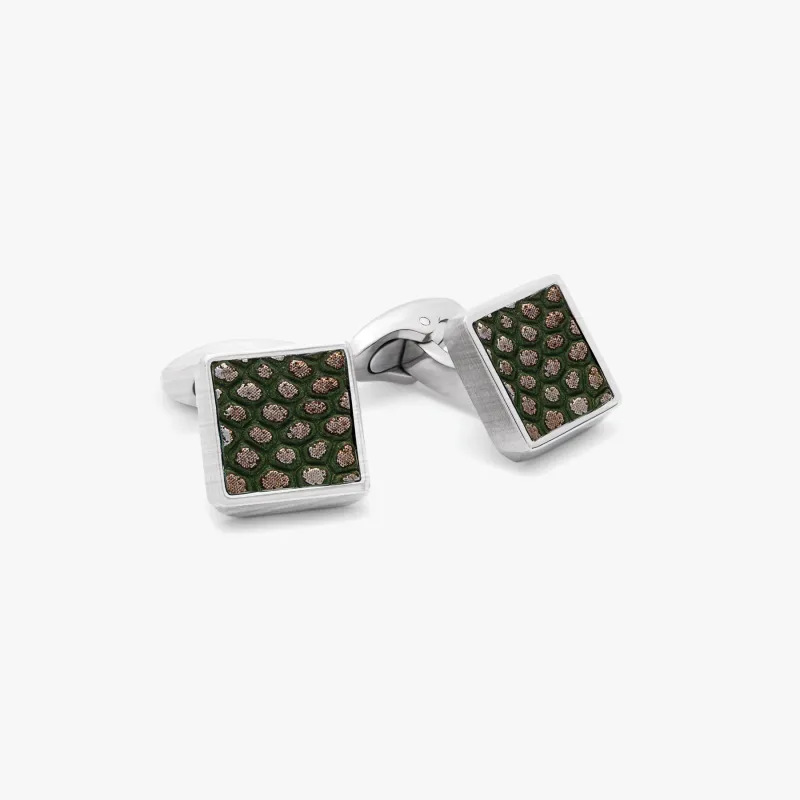 Geometric Animal Print cufflinks with green leather in titanium made by Tateossian