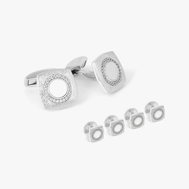 Round Grafiatto Square Cufflinks & Shirt Studs In Sterling Silver With White Mop made by Tateossian