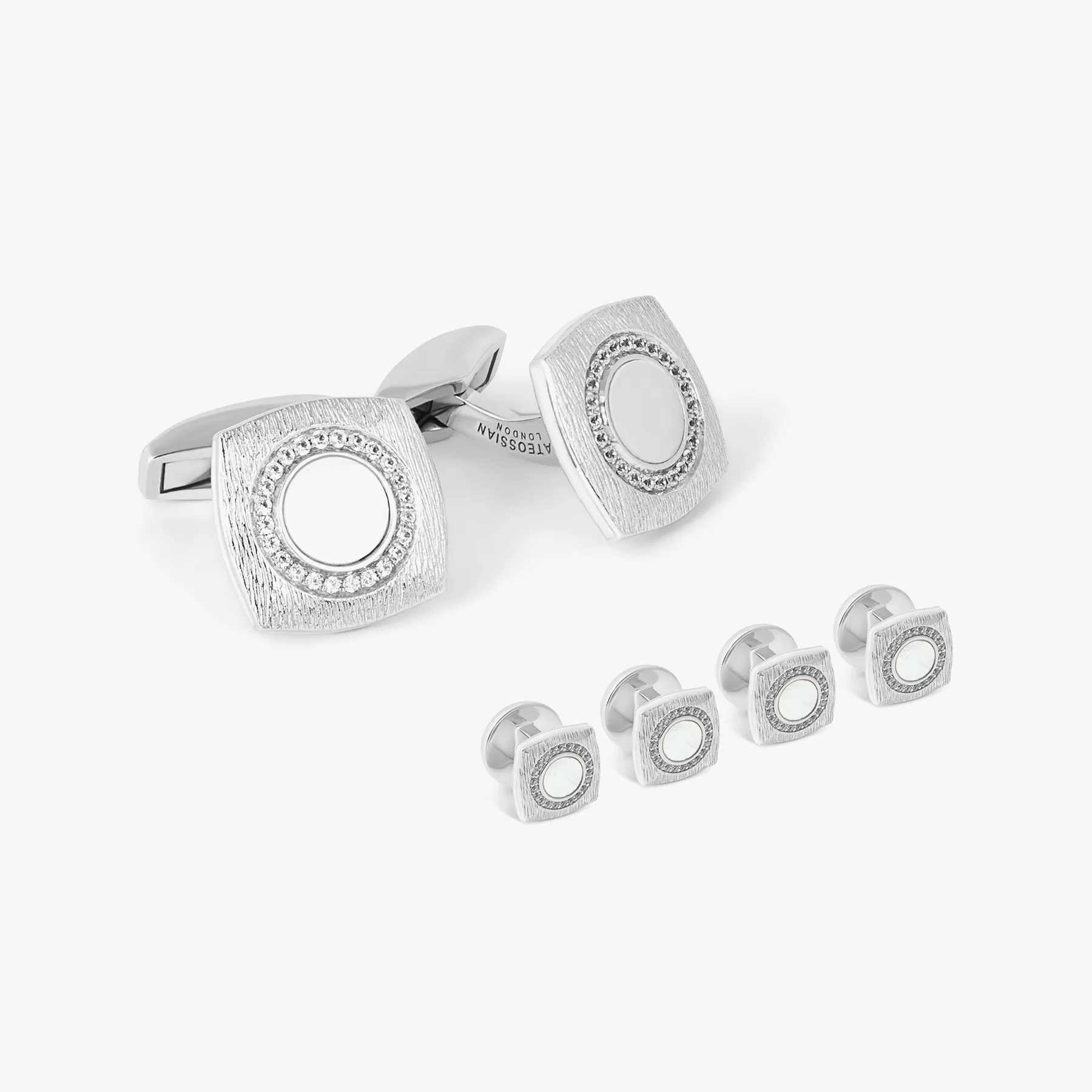 Round Grafiatto Square Cufflinks & Shirt Studs In Sterling Silver With White Mop sold by Tateossian
