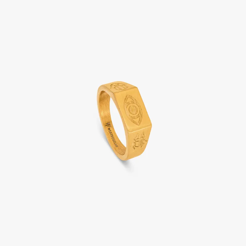 Yellow gold plated stainless steel Protective Amulet ring made by Tateossian