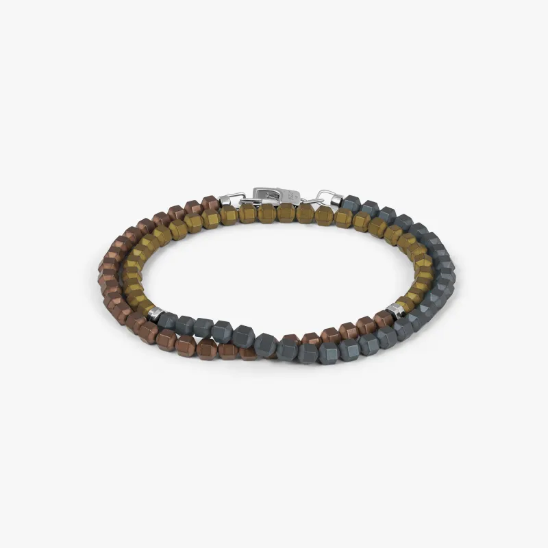 Icosahedron Beaded Bracelet In Rhodium Plated Silver with Hematite made by Tateossian