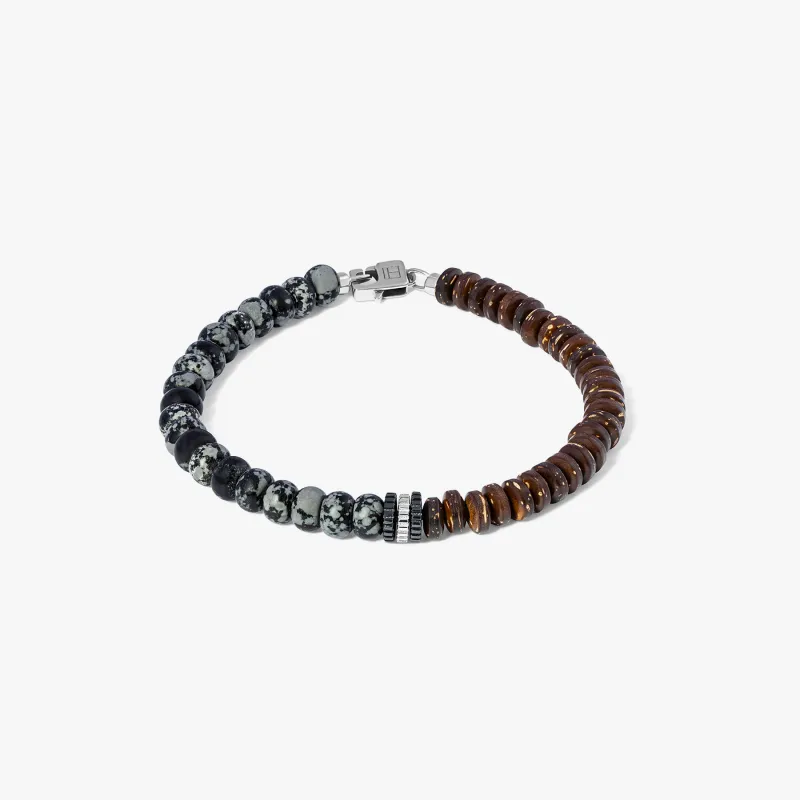 Nepal Gear Trio Beaded Bracelet In Rhodium Plated Silver With Snowflake Obsidian & Coconut Wood made by Tateossian