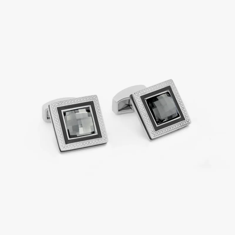 Grey Rhodium Plated Swarovski Quadrato Cufflinks made by Tateossian