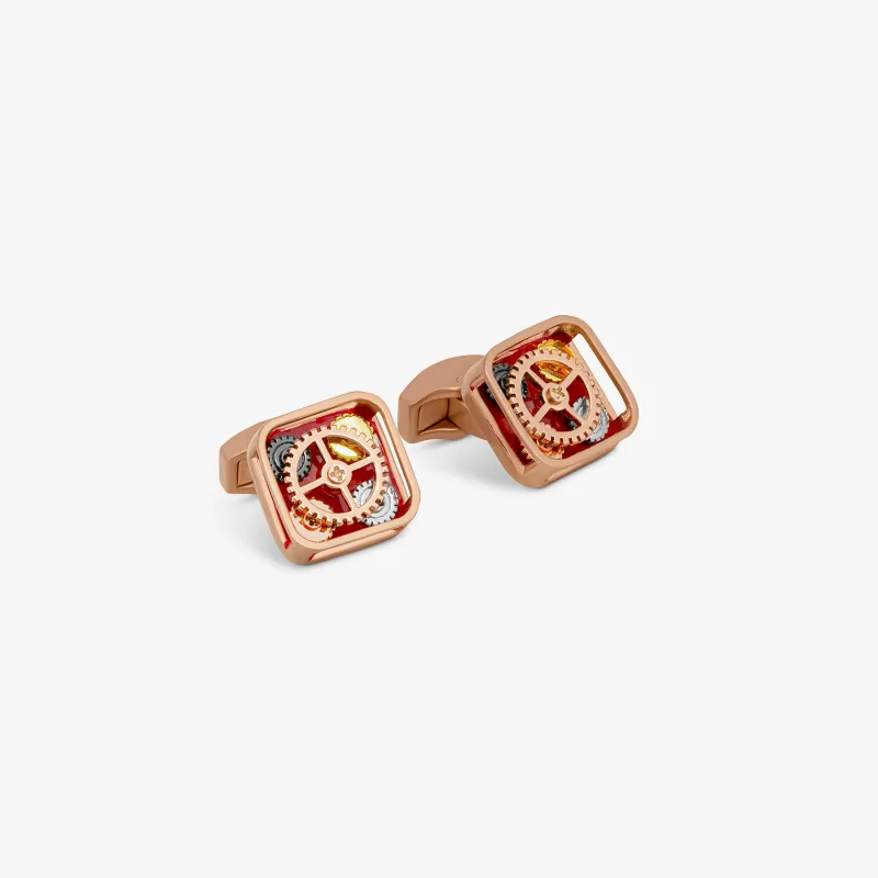 Pop Gears cufflinks with red enamel in gunmetal made by Tateossian